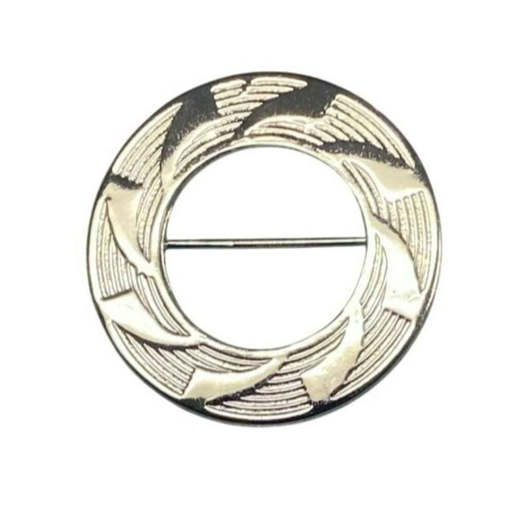Vintage Round Silver-Tone Brooch Pin With Geometric Engraved Design
